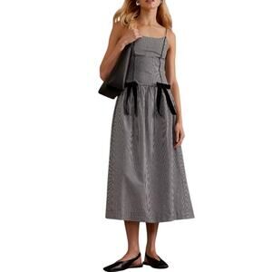 Damson Madder Black Gingham Persephone Midi Dress Velvet Bows-Cottage